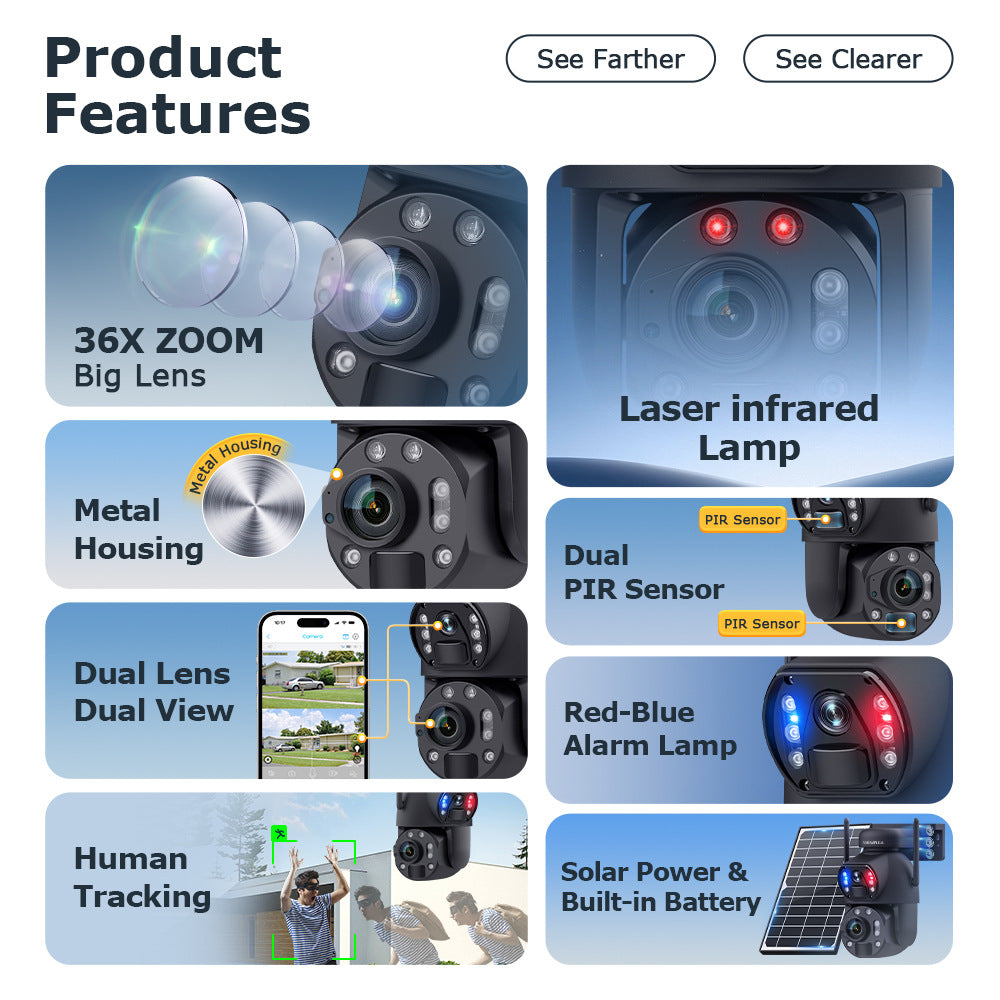 High Definition Bullet Camera36Optical Zoom Outdoor6MP Full Color Night Vision4G Wireless Solar Camera