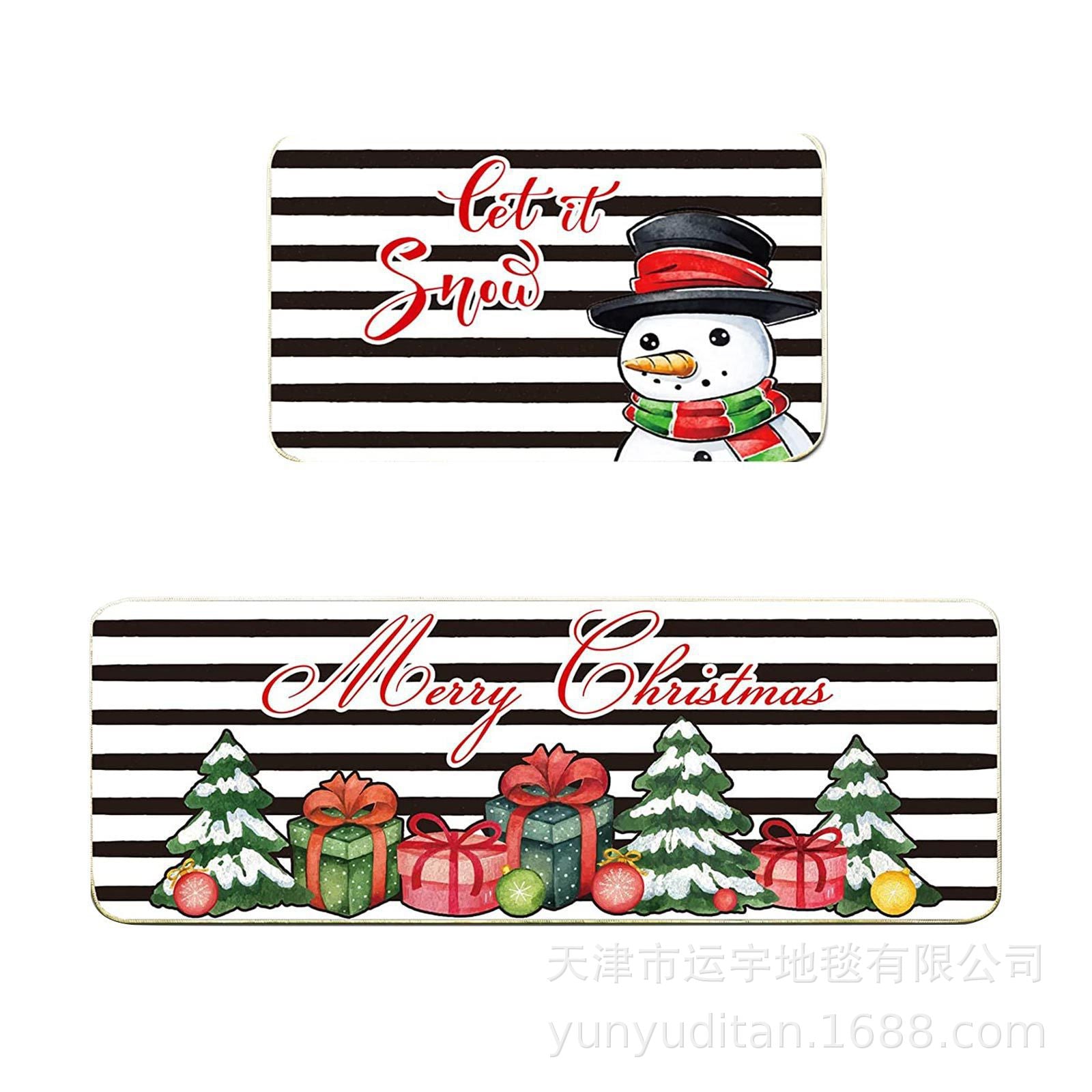 Christmas Kitchen Floor Mat Two-Piece Set Crystal Velvet Water-Absorbent Oil-Absorbent Non-Slip Foot Mat Holiday Decorative Floor Mat