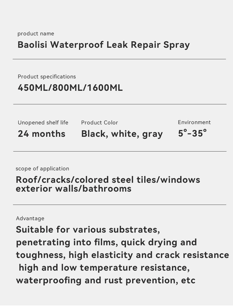 baolisi Waterproof Leak Repair Spray for Roof, Exterior Wall, Roof Crack Repair, Leak Sealing Material, Coating, Self-Spray Repair