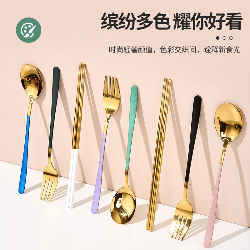 Stainless Steel Korean Portable Tableware Set Spoon Fork Chopsticks Three-Piece Set Student Travel Internet Celebrity Tableware