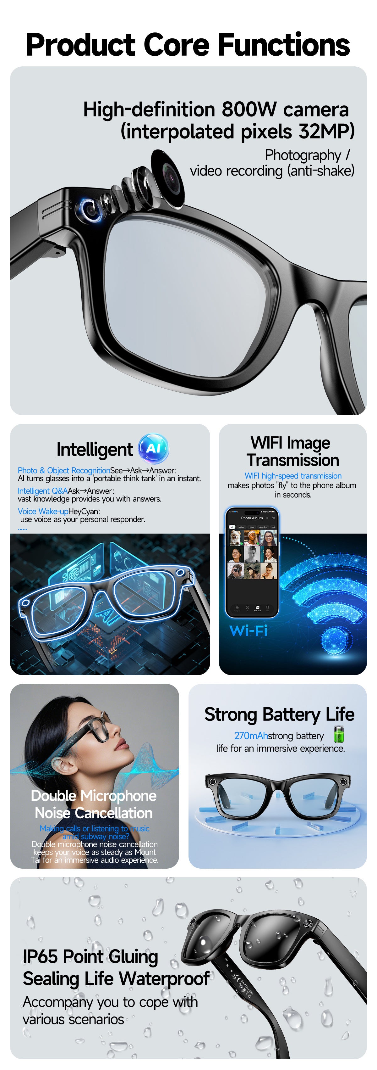 【Upgraded Version】Ai Smart Glasses Shooting800W Pixel HD anti-shake dual noise reduction sunglasses with camera
