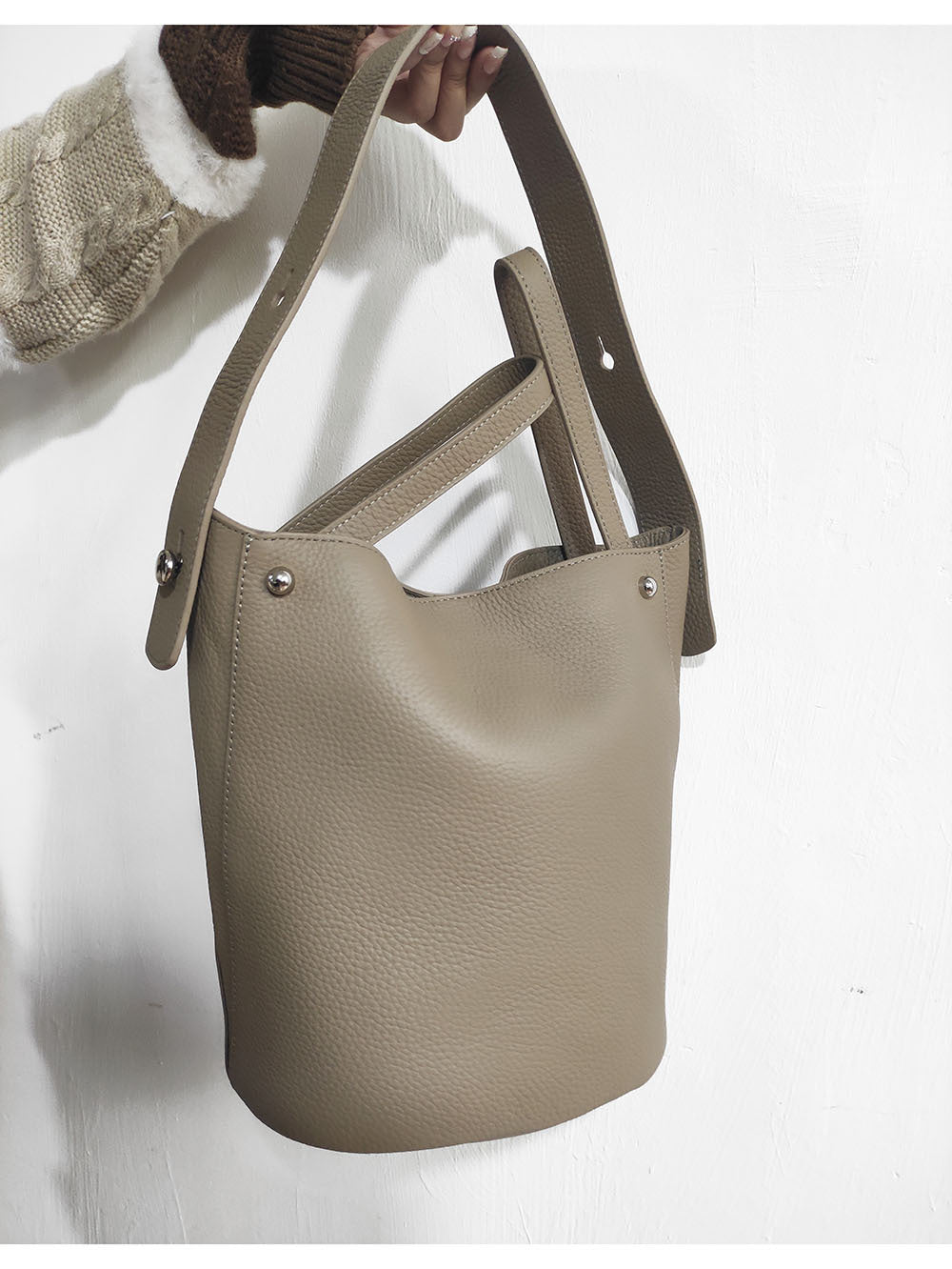 Guangzhou Genuine Leather Women's Bag Large Capacity Tote Bag Top Layer Cowhide Bucket Bag Handheld Shoulder Crossbody Bag Trendy