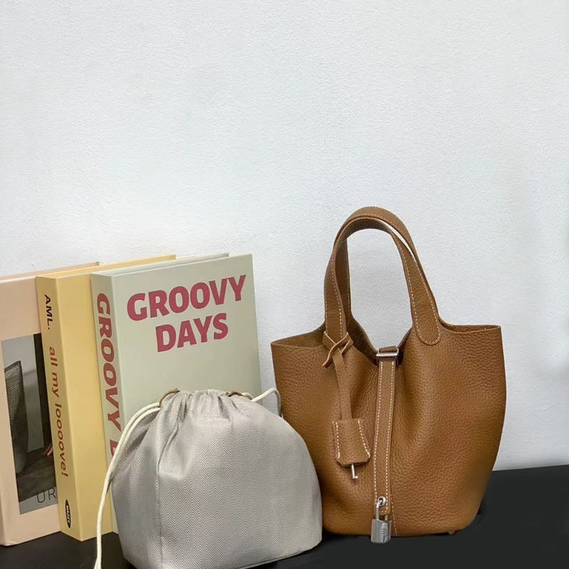Genuine Leather Basket Bag2024New high-end casual bucket bag for women, top layer cowhide commuter handbag