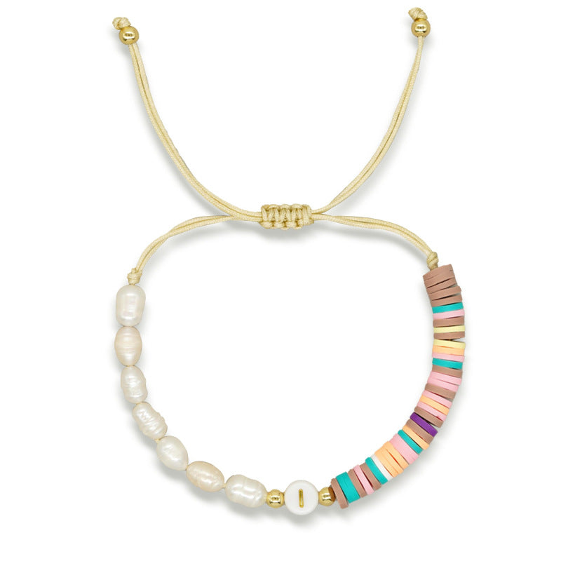 Imitation pearl26Letter Bracelet Bohemian Casual Vacation Bracelet Gold Beads Stretchable Soft Clay Woven Bracelet