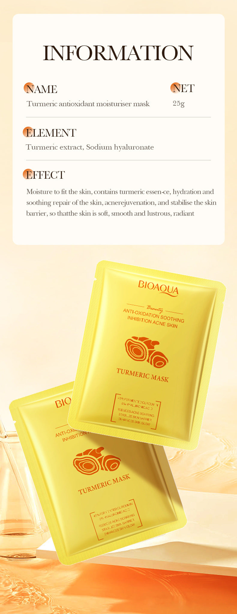 Turmeric Mask BIOAOUA Anti-oxidation Moisturizing Hydrating Nourishing Face Mask Sheets Wholesale for Cross-border Trade
