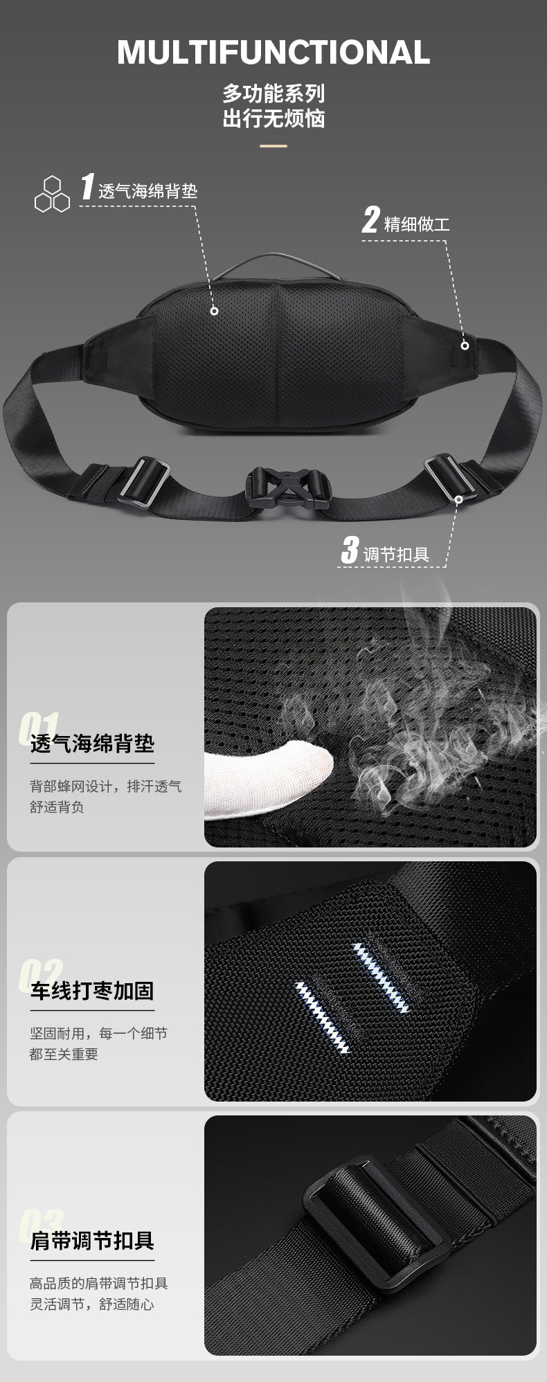 OZUKO Men's Chest Bag Crossbody Waist Bag Multifunctional Tactical Waterproof Portable Outdoor Cycling Trendy Brand High-end Bag