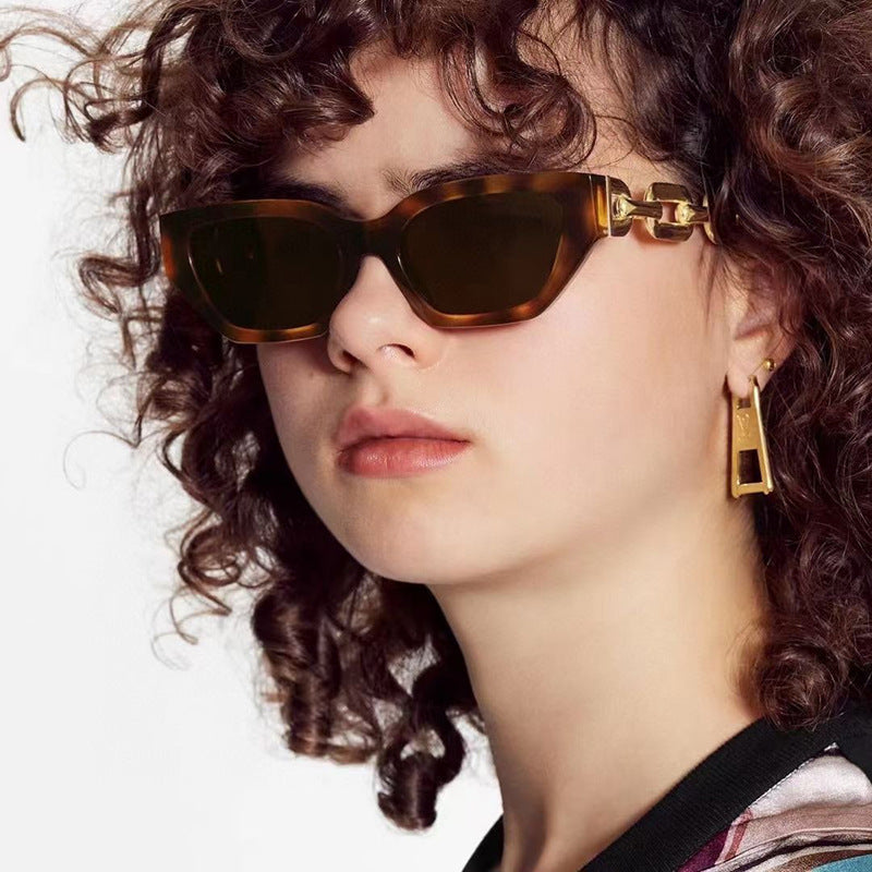 European and American Small Frame Cat Eye Sunglasses for Women, New High Altitude Style, Internet Celebrity Thick Chain Sunglasses, Trendy Women's Glasses Wholesale