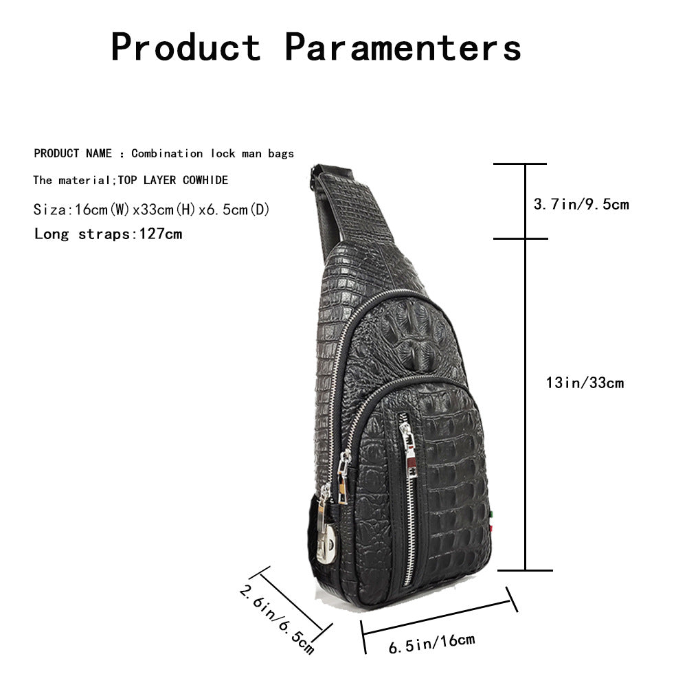 2025New European and American Fashion Crocodile Pattern Top Layer Cowhide Men's Password Lock Genuine Leather Chest Bag High-end Crossbody Bag