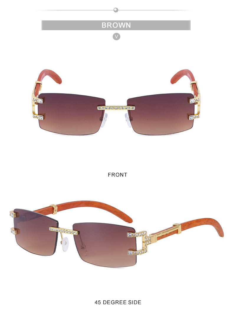 Imitation Wood Grain Leg Retro Sunglasses for Men Fashion Trend Diamond-Studded Rimless Sunglasses Men's Sun Protection Square Frame Glasses Street Style