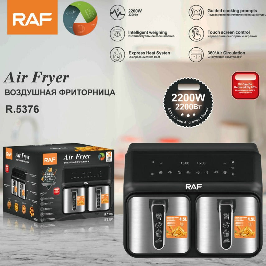 RAF European Standard Dual Compartment Large Capacity Multifunctional Dual Pot Dual Basket Air Fryer Smart Touchscreen Oil-Free