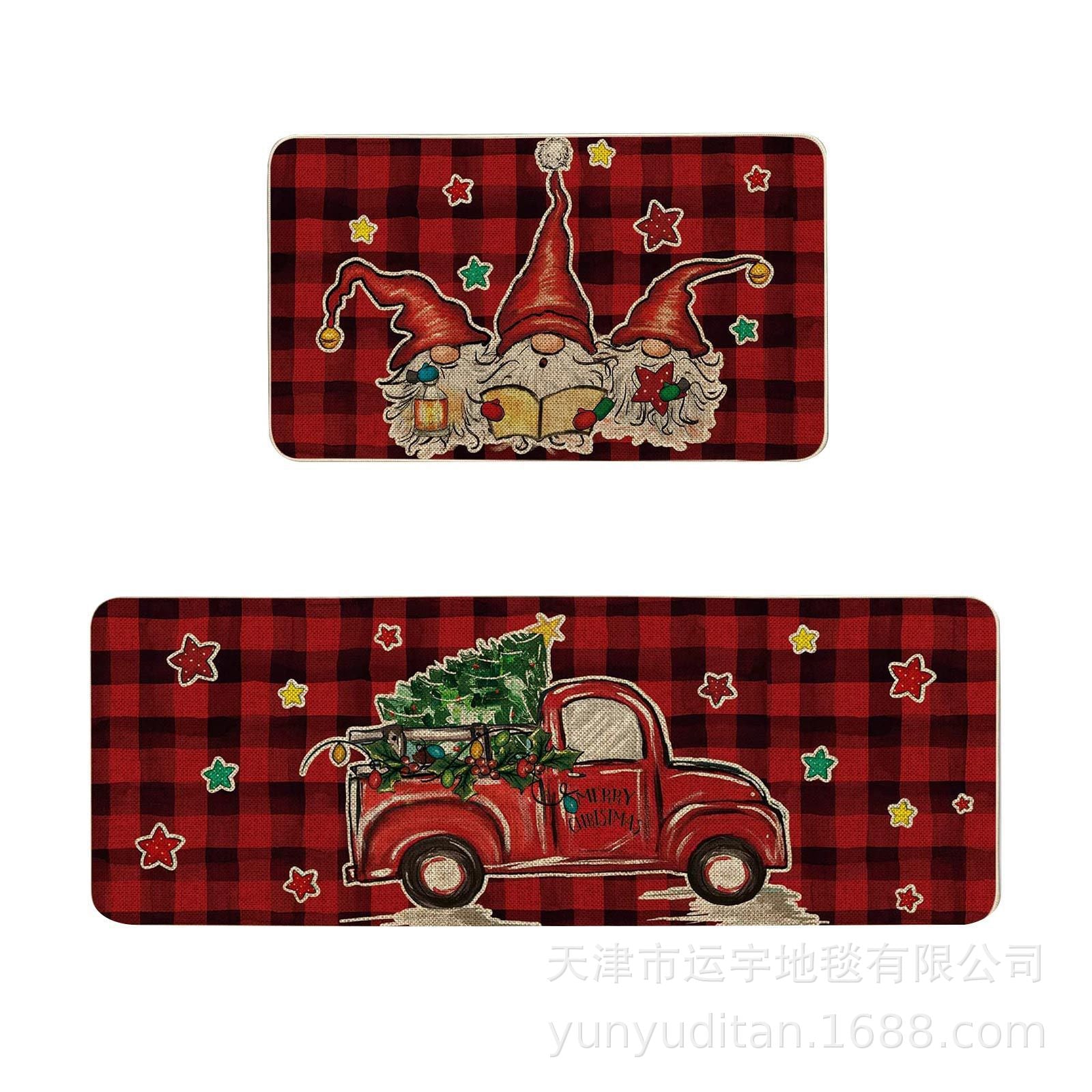Christmas Kitchen Floor Mat Two-Piece Set Crystal Velvet Water-Absorbent Oil-Absorbent Non-Slip Foot Mat Holiday Decorative Floor Mat