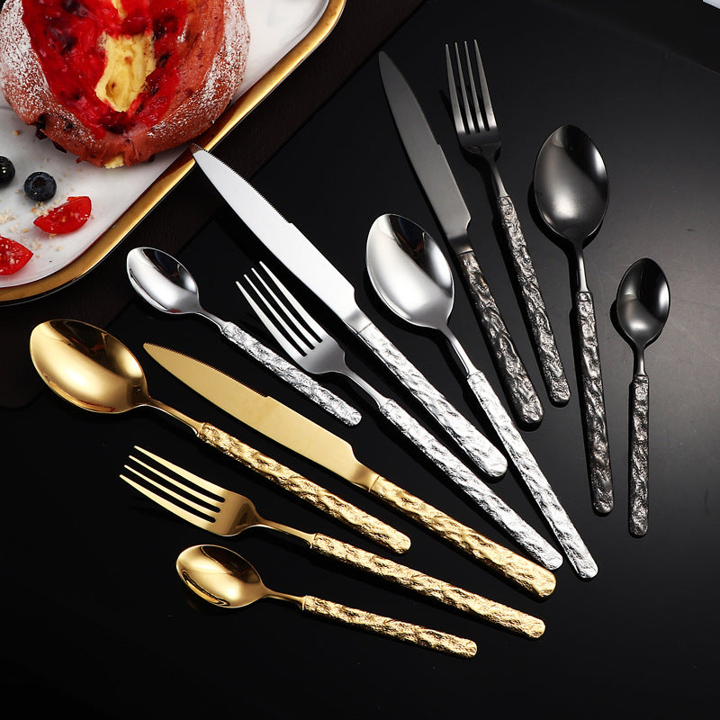 410Stainless Steel Cutlery Hotel Restaurant High-end Stone Pattern Knife Fork Spoon Set Western Cuisine Thickened Steak Knife Fork