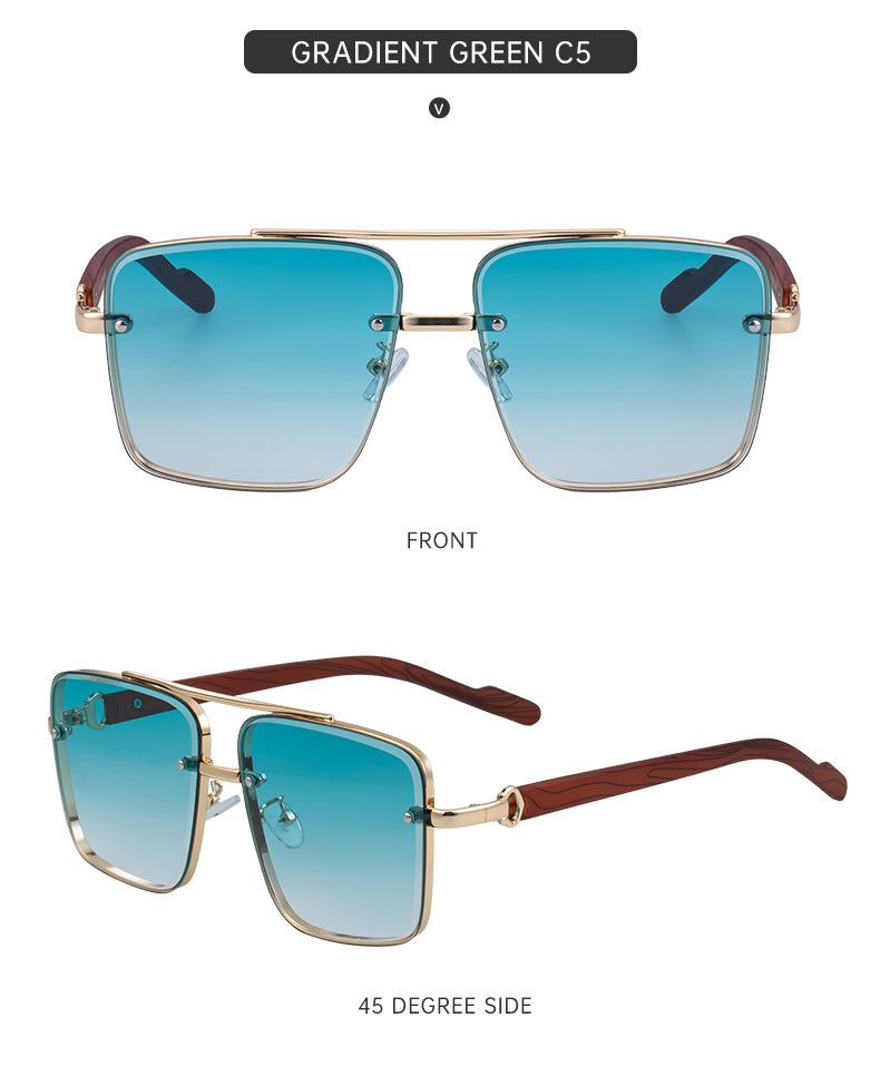 European and American Style Square Frame Cut Edge Sunglasses for Men with Imitation Wood Grain Temples, Men's Trendy Wholesale sunglass