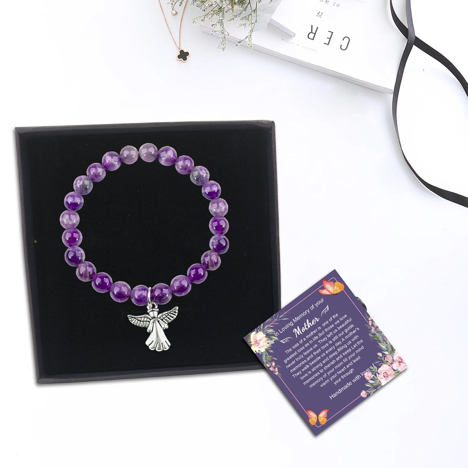 New Arrival Mom Gift Amethyst Bracelet Obsidian Agate Bracelet Mother's Day Angel Pendant Bracelet