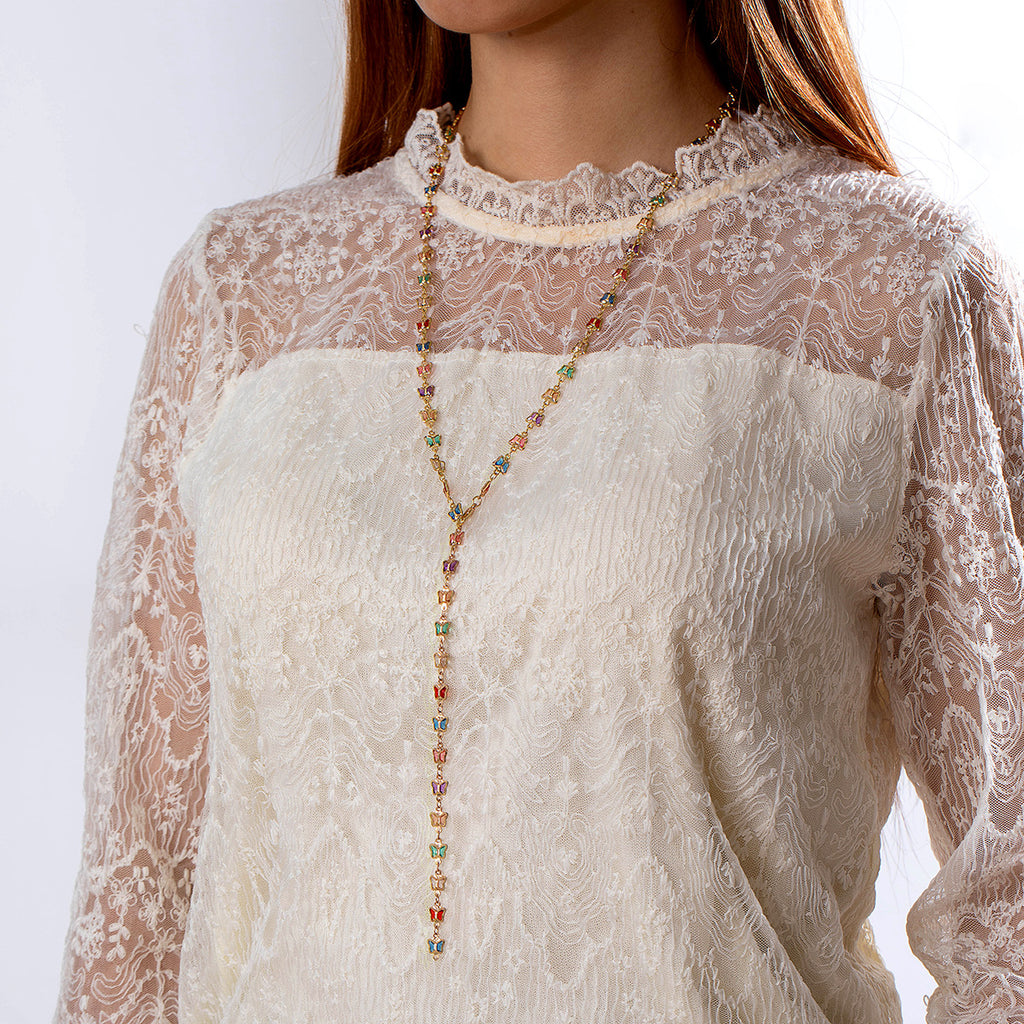 Simple Colorful Beaded Tassel y Chain Necklace Elegant Versatile Diamond-Studded Sweater Chain Jewelry