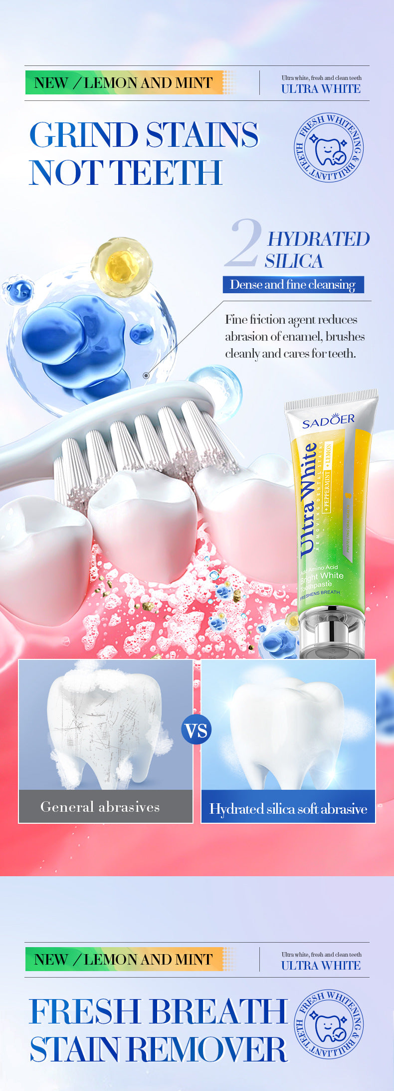 Lemon Mint Whitening Toothpaste SADOER Stain Removal Cleaning Tartar Toothpaste Cross-Border Wholesale