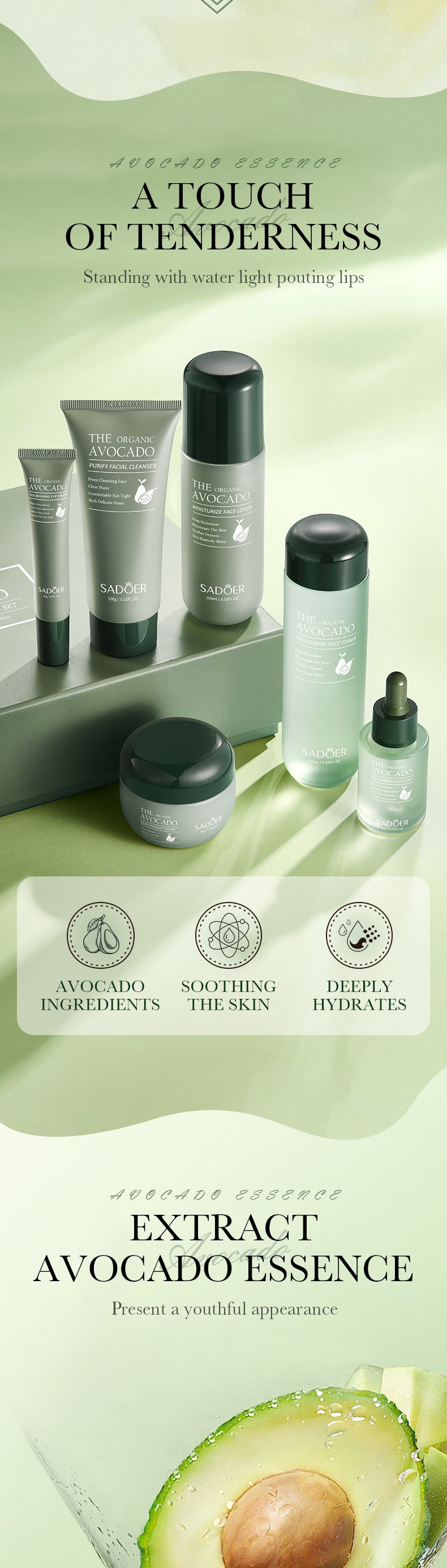 Avocado Skincare Set SADOER Cleansing, hydrating, and moisturizing six-piece set for  foreign trade wholesale