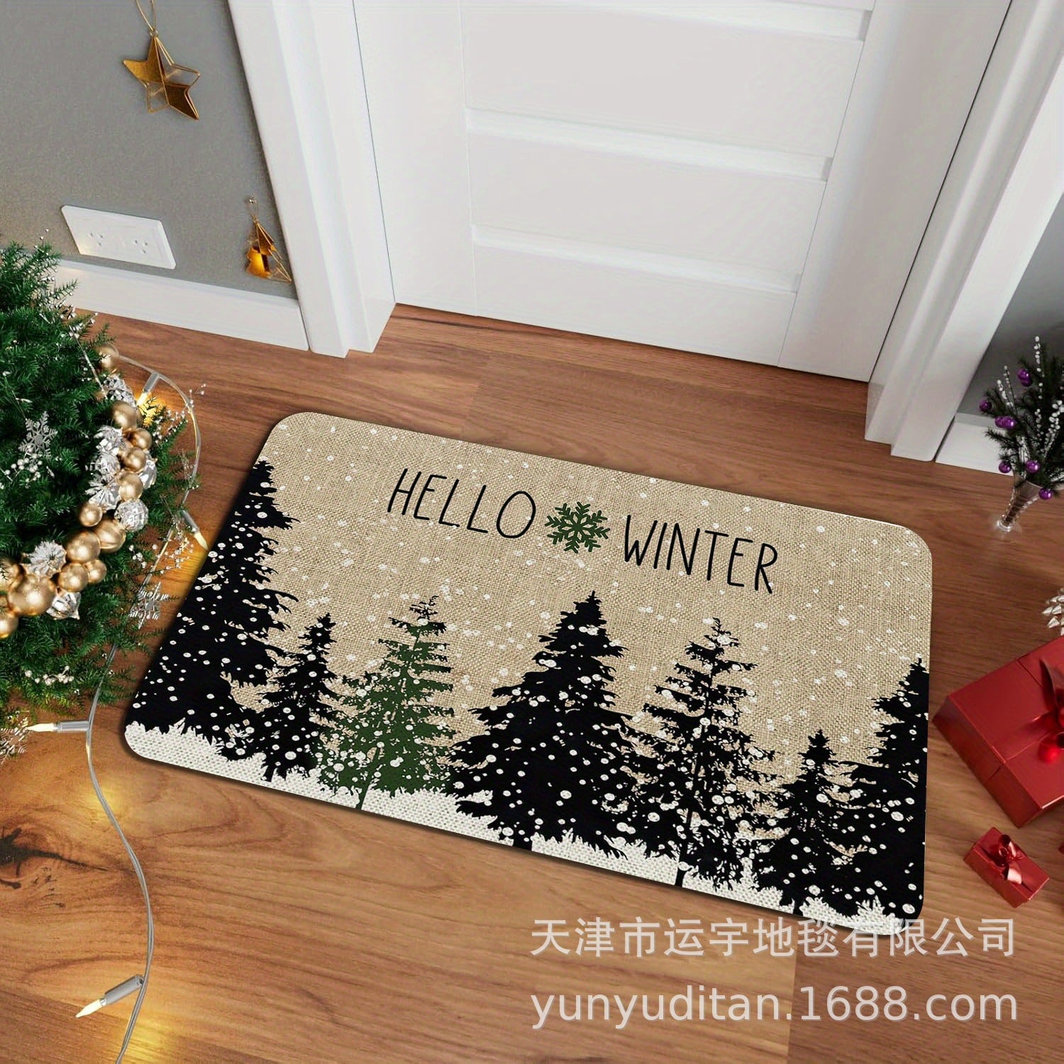 Christmas Decorative Doormat Crystal Velvet Non-Slip Door Mat Festive Atmosphere Entrance Door Mat Outdoor Dust Removal Mat