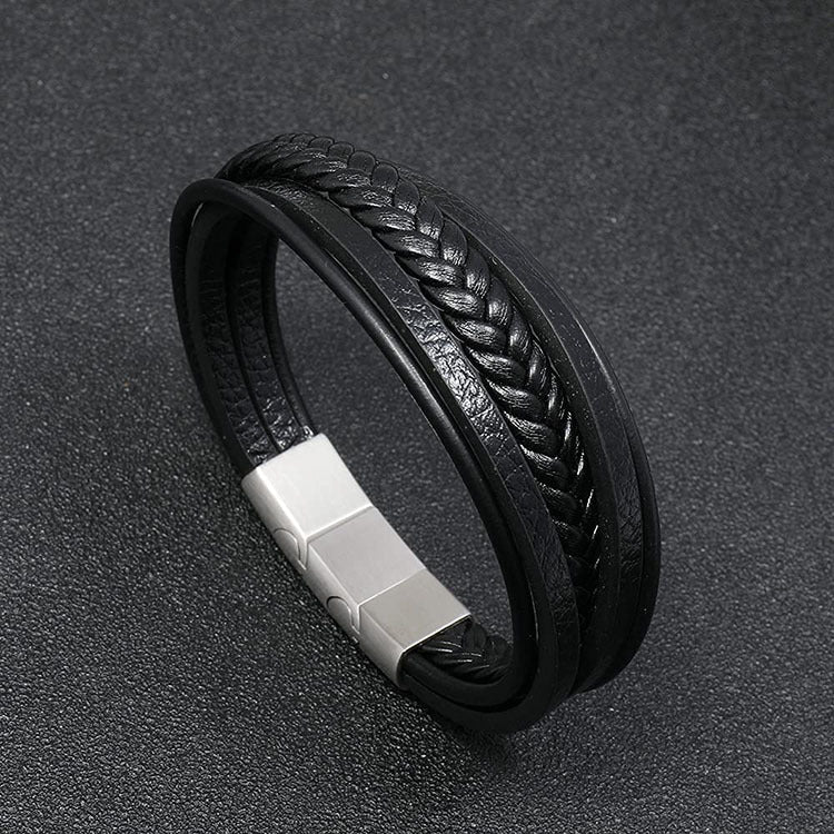 Vintage Multi-layer Hand-woven Bracelet Men's Simple Gift Bracelet Alloy Magnetic Clasp Tiger Eye Stone Leather Bracelet