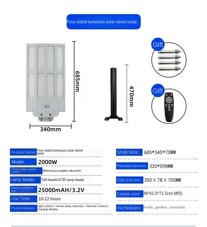 Cross-Border New High-Power Household Integrated Solar Lamp Super Bright LED Light Source IP65 Rating for Outdoor Project Street