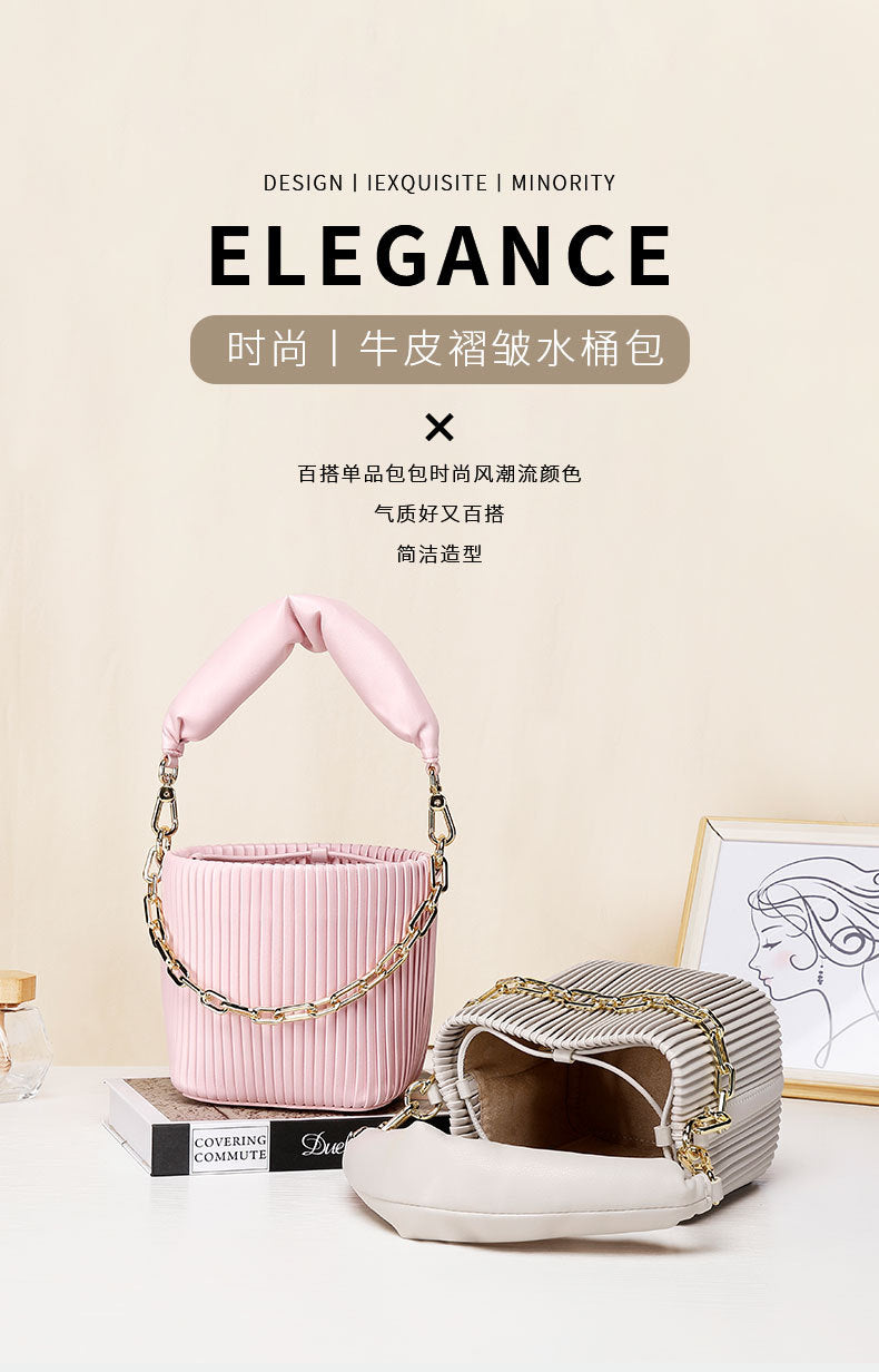 Unique Korean Design Pleated Bucket Bag for Women with Chain Handle, Versatile Fashionable Single Shoulder Crossbody Bag for Ladies