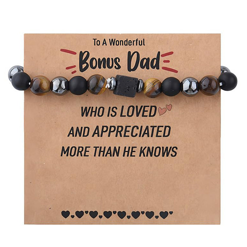 Men's Gift Bracelet Tiger Eye Frosted Elastic Cord Bracelet Grandfather Card Bracelet Spacer Block Volcanic Stone Bracelet