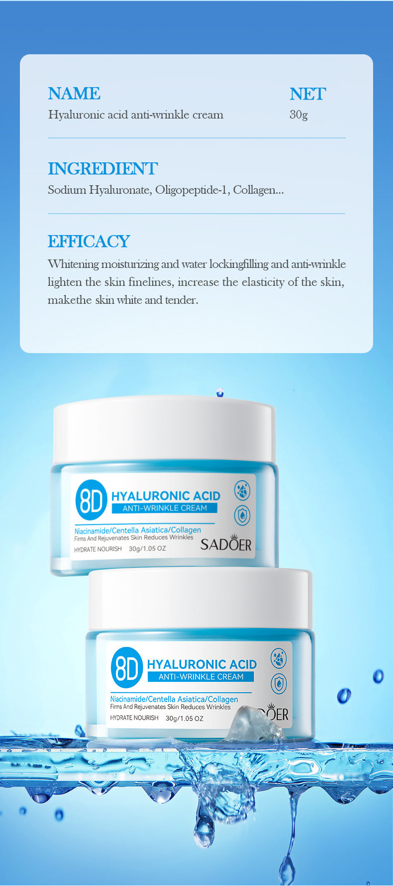 Hyaluronic Acid Face Cream SADOER8D Anti-wrinkle Hydrating Nourishing Face Cream Moisturizing and Rejuvenating  Foreign Trade Wholesale