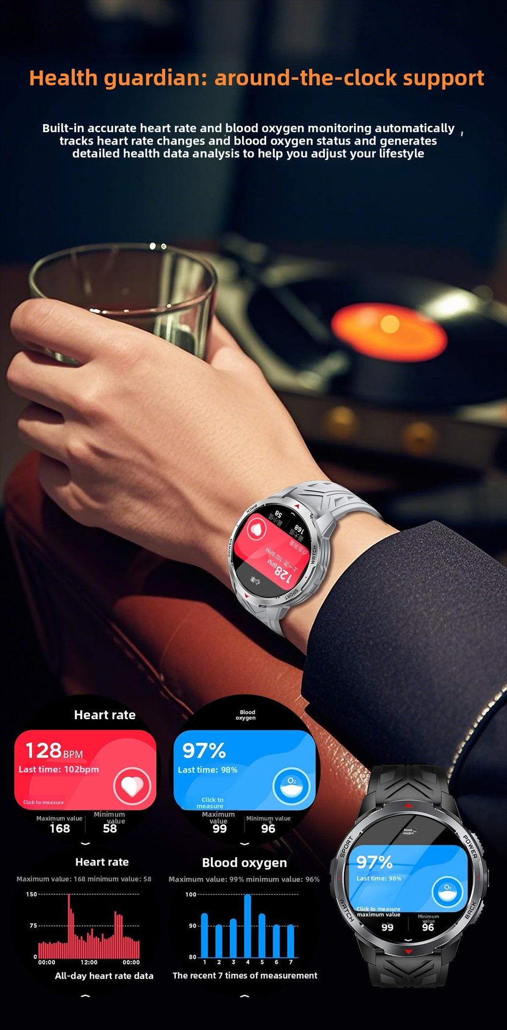 KT88Smart Watch Bluetooth Call Heart Rate Pedometer Sleep Compass Flashlight Deep Waterproof Three-Proof Sports