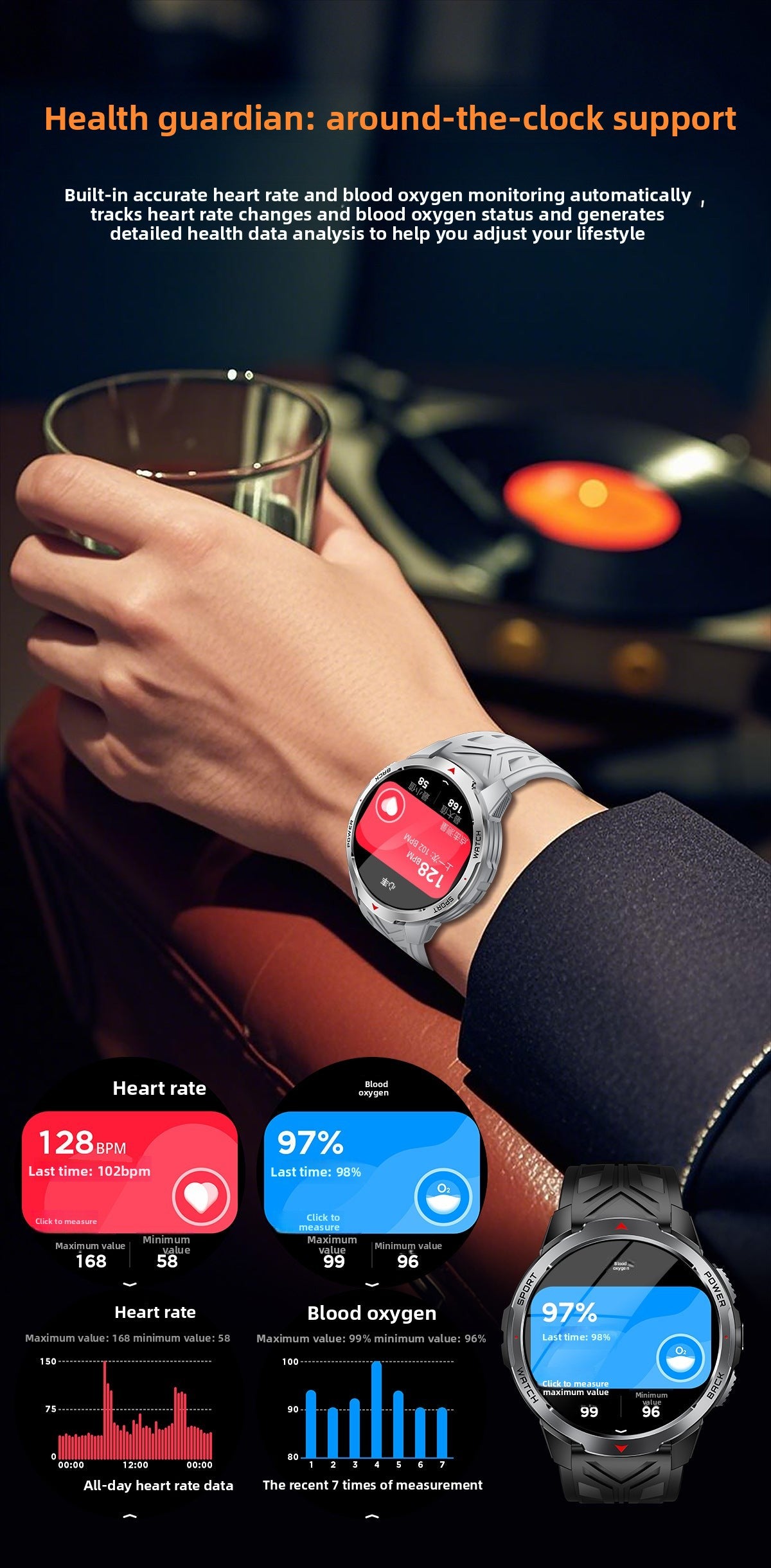 KT88Smart Watch Bluetooth Call Heart Rate Pedometer Sleep Compass Flashlight Deep Waterproof Three-Proof Sports