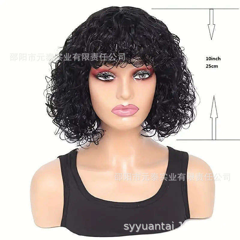 Short Bob Curly  100% Human Hair Wig With Bangs for Women