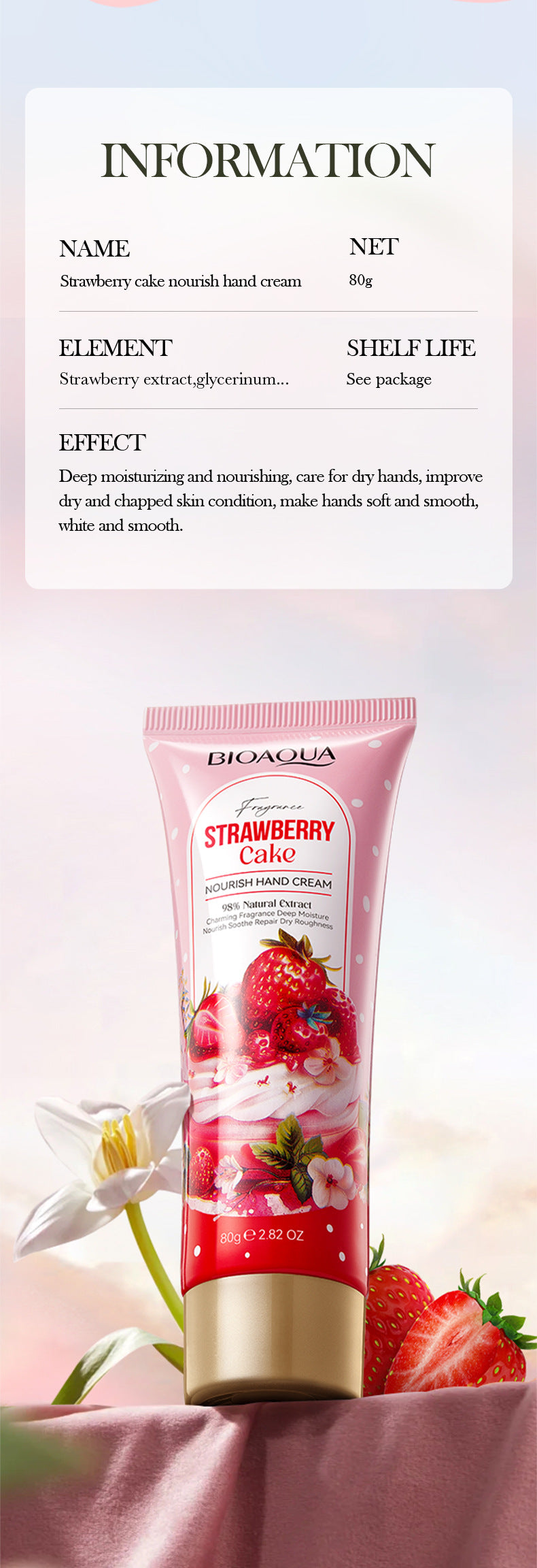 Strawberry Cake Nourishing Hand Cream BIOAOUA Autumn and winter moisturizing hand cream  foreign trade wholesale