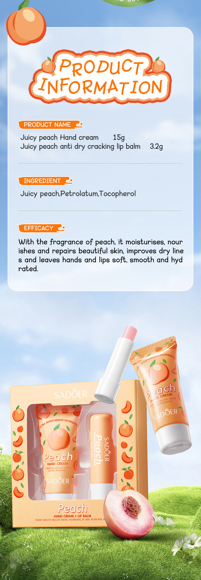 Peach Hand Cream Lip Balm Set SADOER Nourishing Autumn and Winter Hand Cream Lip Balm  Wholesale