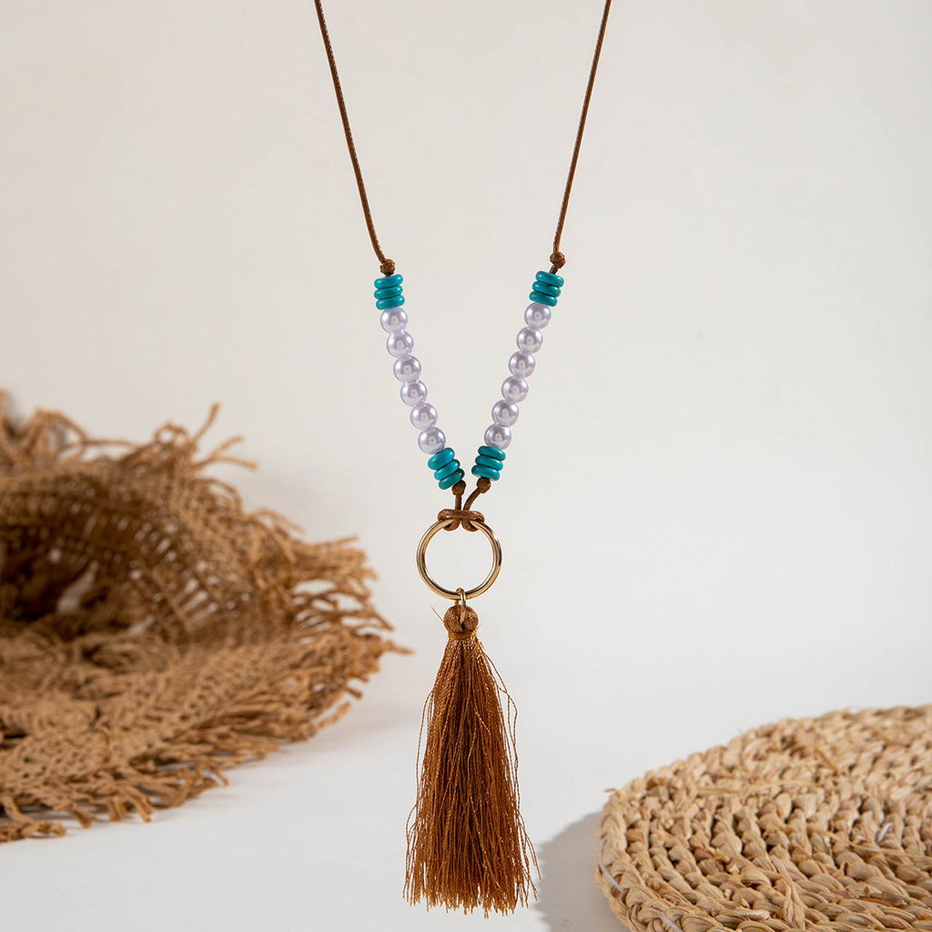 Simple Colorful Beaded Tassel y Chain Necklace Elegant Versatile Diamond-Studded Sweater Chain Jewelry