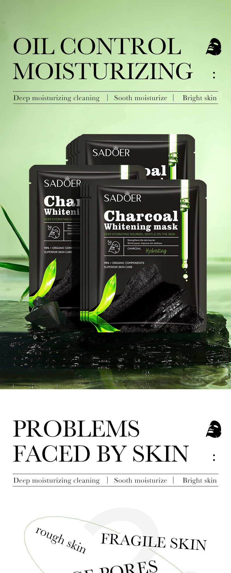 Bamboo Charcoal Black Mask SADOER Whitening, hydrating, moisturizing, brightening face mask sheet  wholesale