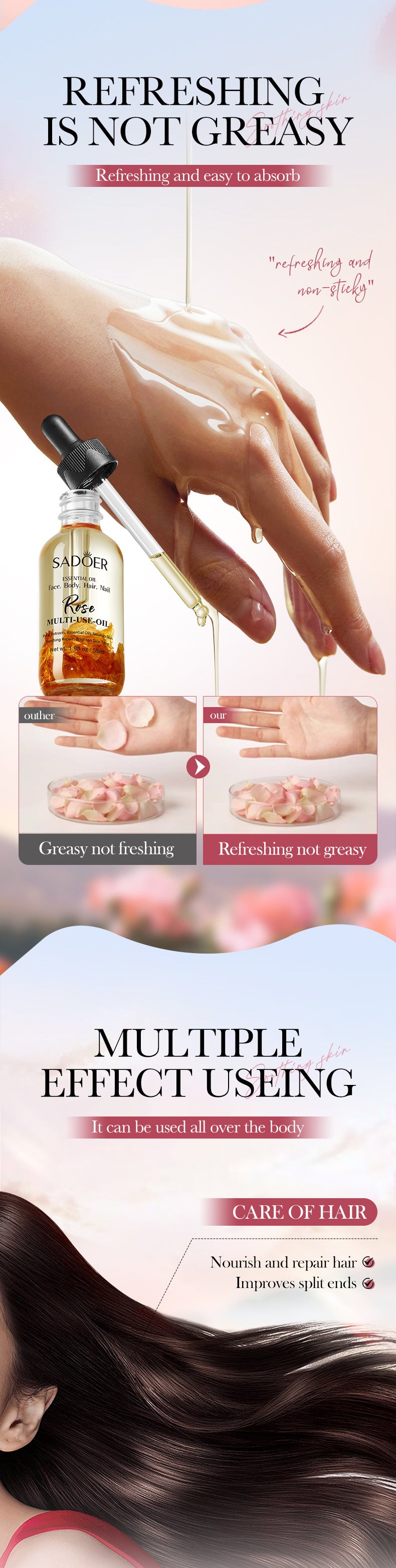 Rose Dried Flower Multi-effect Massage Oil SADOER Moisturizing skin body essential oil cross-border foreign trade wholesale