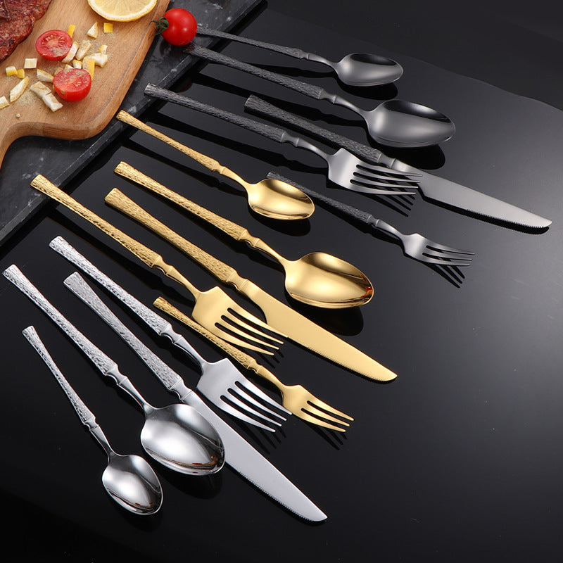 410Stainless Steel Cutlery Hotel Restaurant Hammered Knife Fork Spoon Set Western Small Waist Bark Pattern Steak Knife Fork