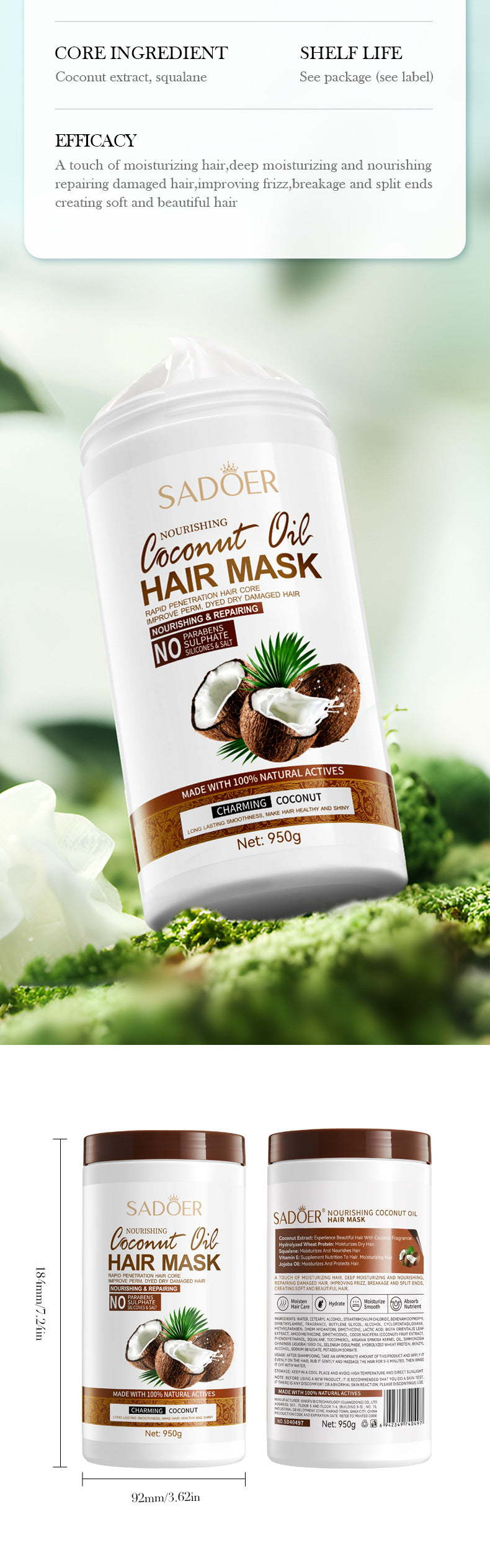 Coconut Nourishing Hair Mask950g SADOER Smooth and Fluffy Hair Conditioner  Wholesale