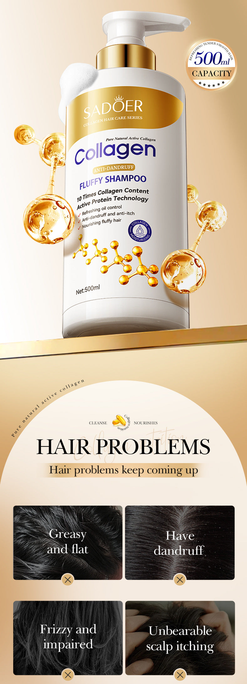 Collagen Anti-Dandruff Shampoo500ml SADOER Smooth Clean Fluffy Shampoo Wholesale