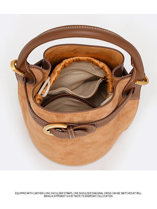 Frosted Leather Bucket Bag Genuine Leather Korean Style Versatile Niche Design Light Luxury Handbag Single Shoulder Crossbody Women's Bag Large Capacity