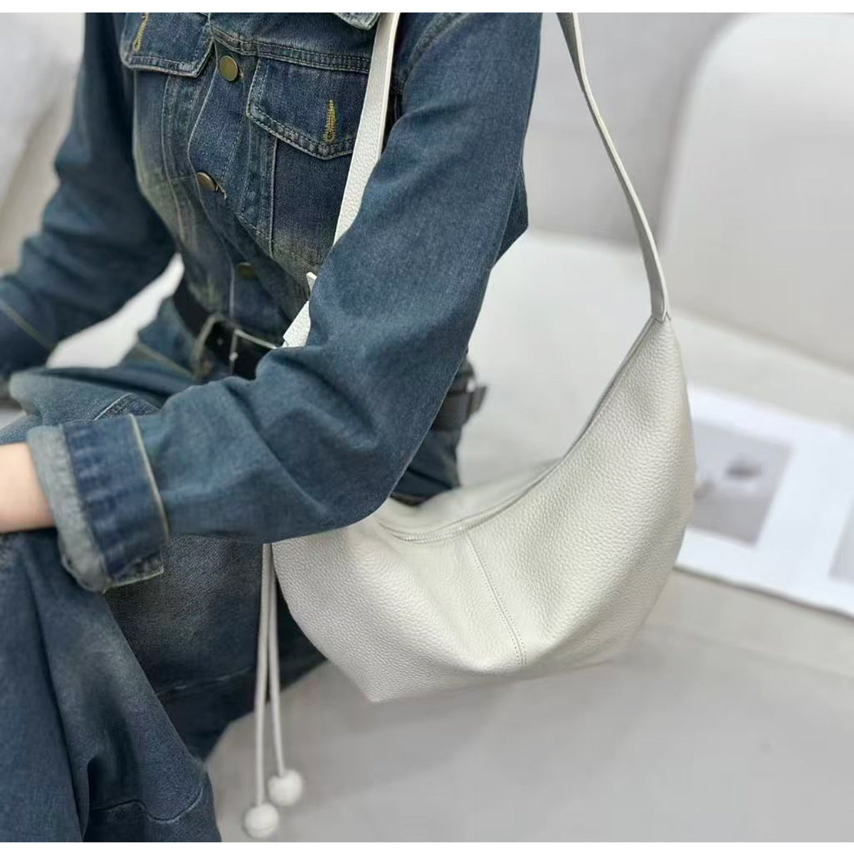 New Genuine Leather Underarm Bag Top Layer Cowhide Horn Dumpling Bag Simple Casual Versatile Single Shoulder Crossbody Bag