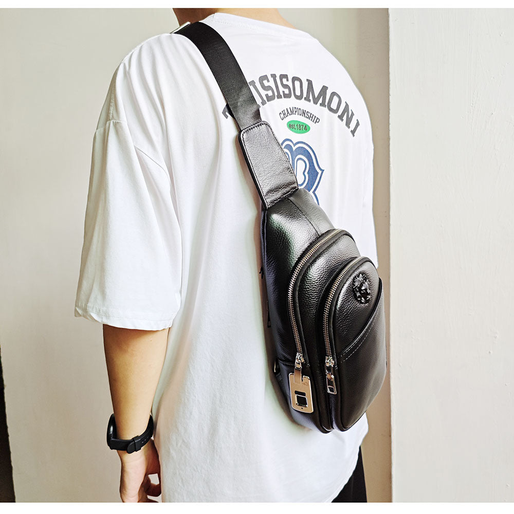 High-End Men's Top Layer Cowhide Multi-Zipper Bag Sports Casual Small Backpack Anti-Theft Genuine Leather Fingerprint Lock Chest Bag