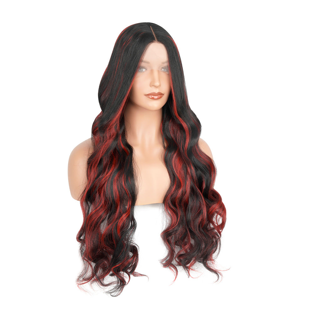 Wig for Women, Front Lace, Wavy Long Curly Hair, Red and Black Gradient Color, High-Temperature Fiber, Synthetic Hair Wig, European and American Cross-Border