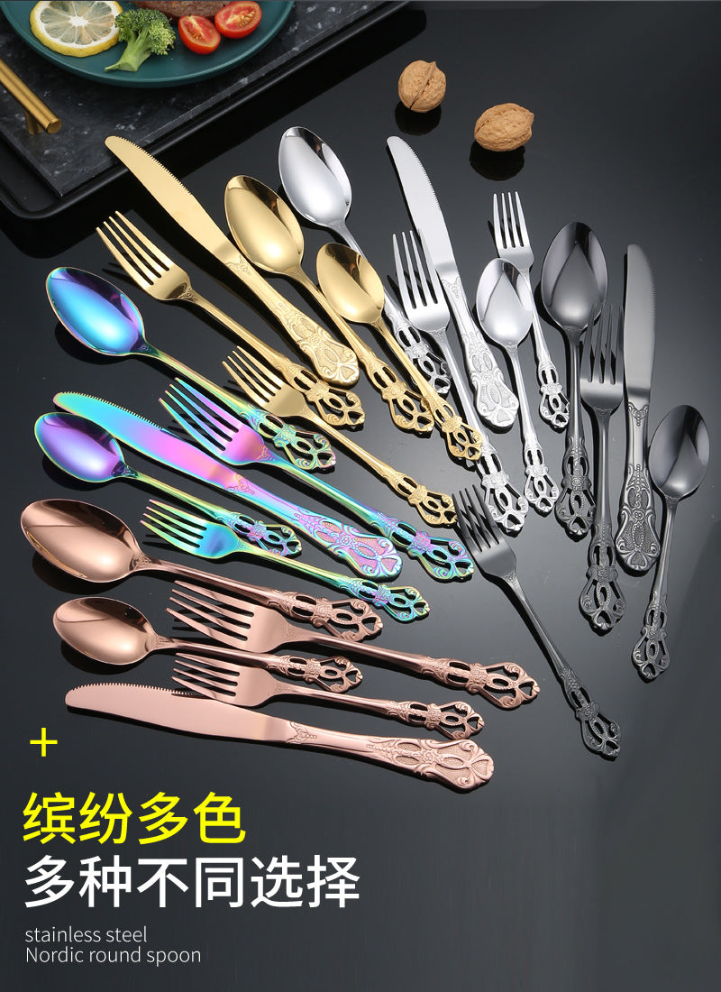 Stainless Steel Cutlery Restaurant Royal Court Knife Fork Spoon Set Hotel Western Cuisine European Retro Relief Steak Knife Fork