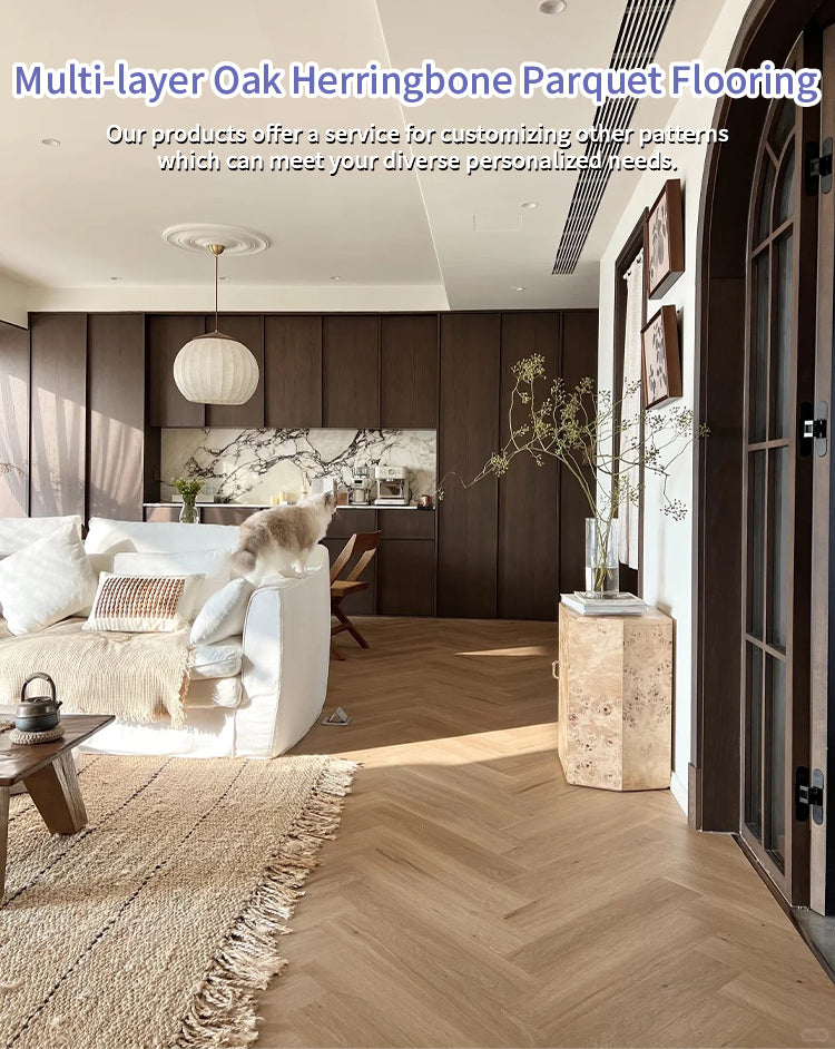 Customizable 12mm Herringbone Oak Engineered Flooring for Modern Homes Commercial Outdoor Use UV Lacquer Surface Finish