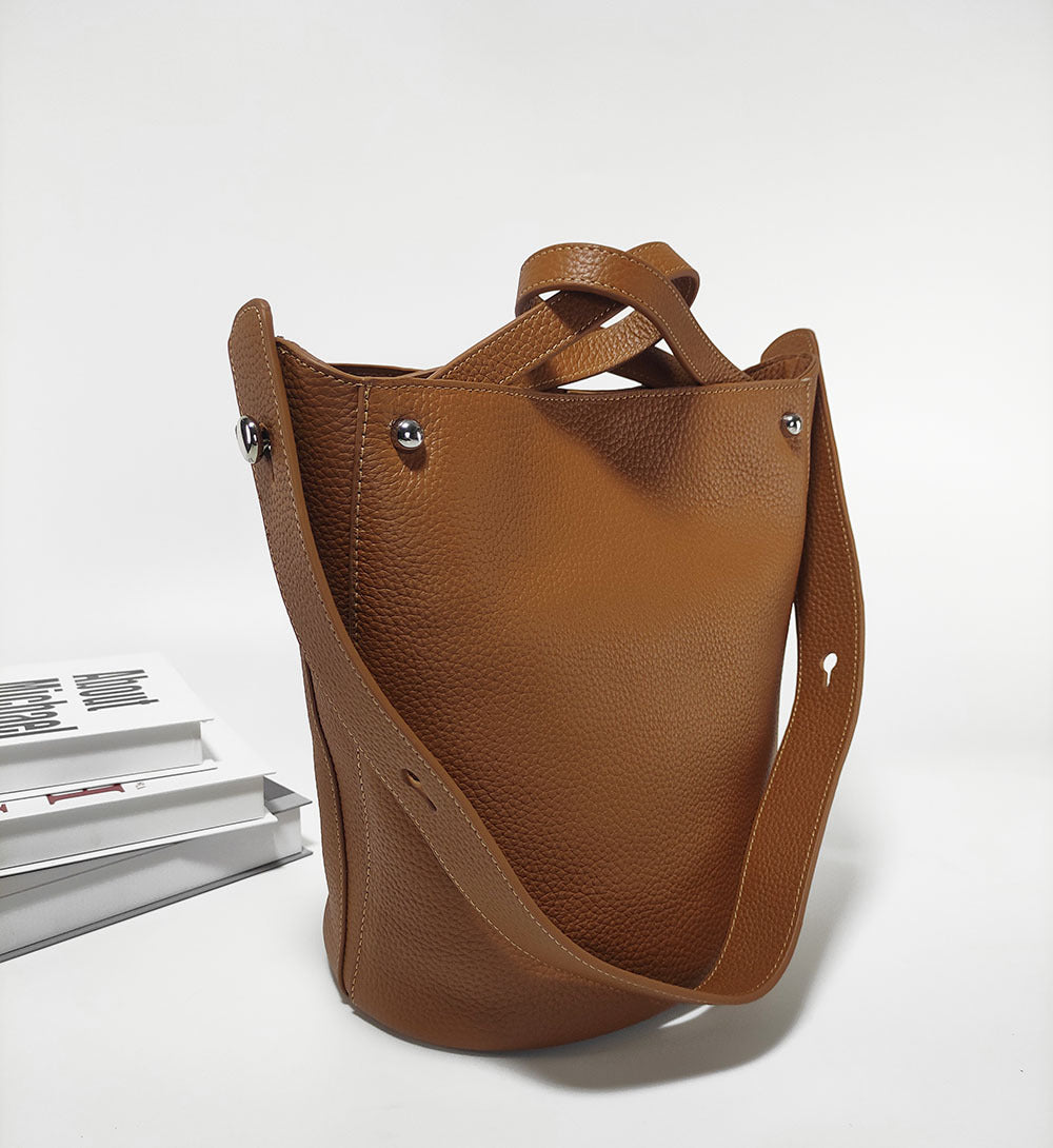 Guangzhou Genuine Leather Women's Bag Large Capacity Tote Bag Top Layer Cowhide Bucket Bag Handheld Shoulder Crossbody Bag Trendy