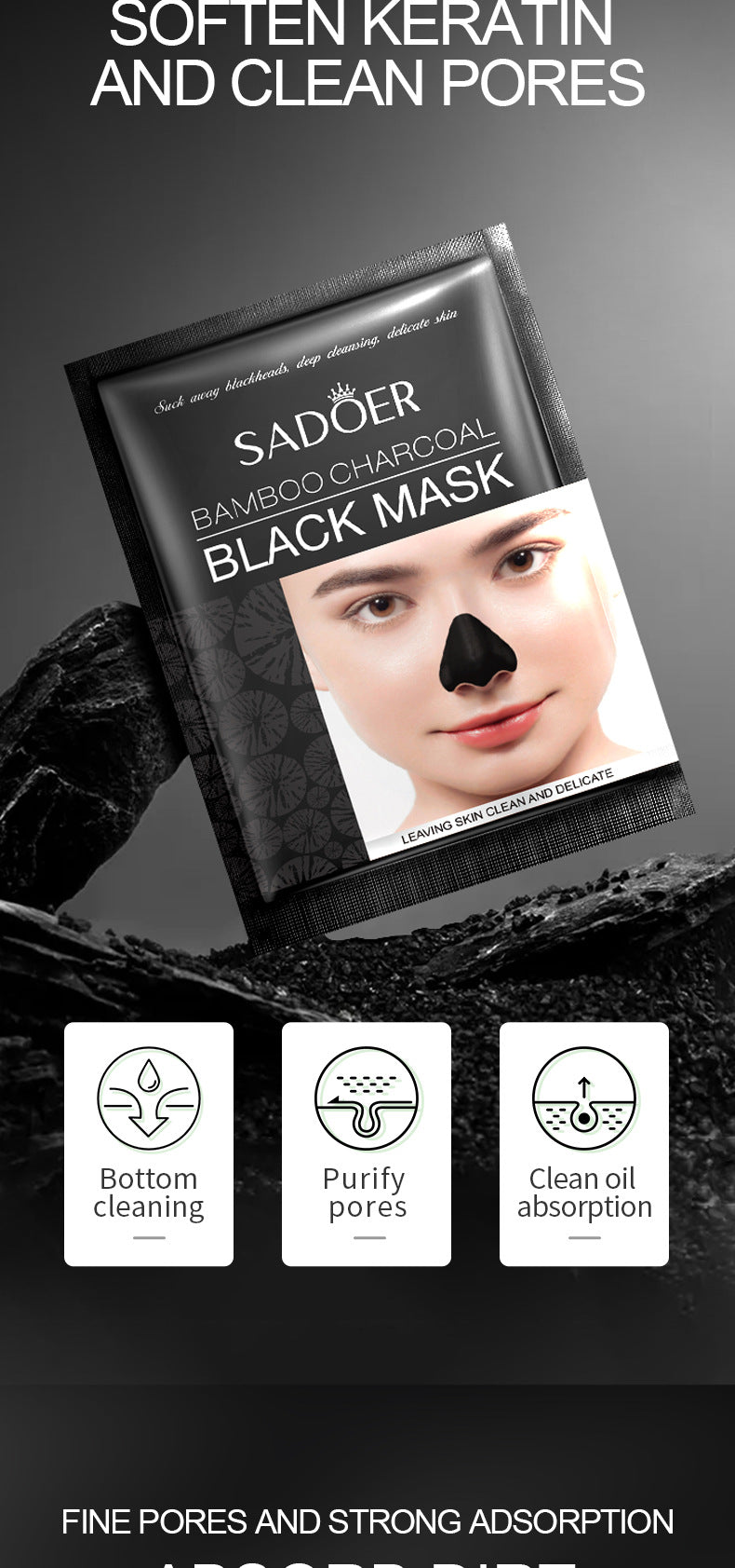 Nose Strips Pack SADOER Bamboo Charcoal Blackhead Absorbing Nose Mask Patch T District Nursing  Foreign Trade Wholesale