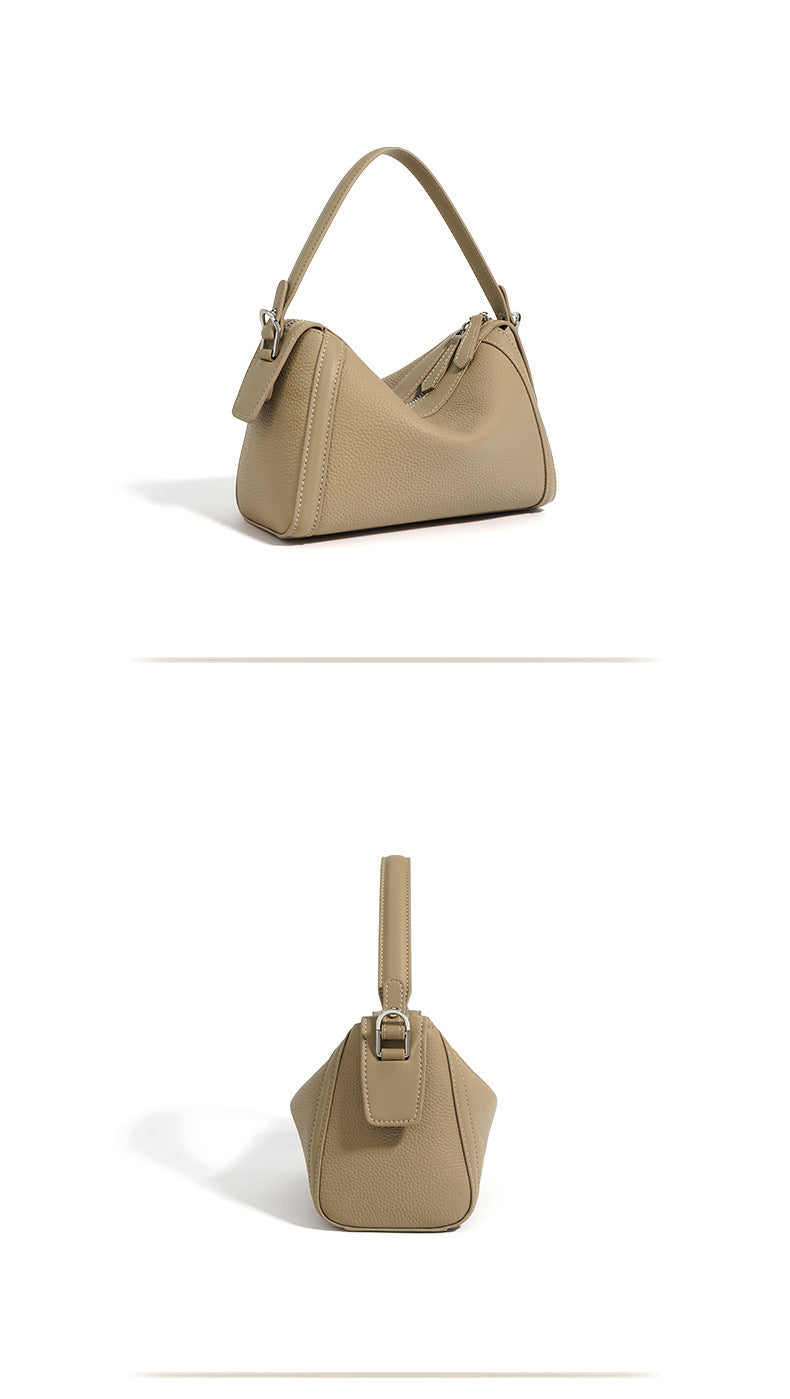 New Top Layer Cowhide Boston Bag Fashion Women's Bag Simple Texture Cowhide Shoulder Crossbody Bag Niche Design Sense