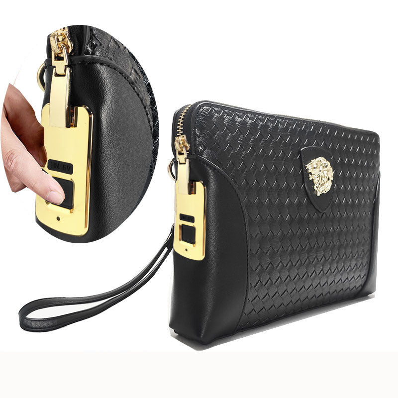 Fingerprint Lock Clutch Bag Large Capacity Business Men's Genuine Leather Handheld Luxury Woven Clutch Portable Fingerprint Unlock