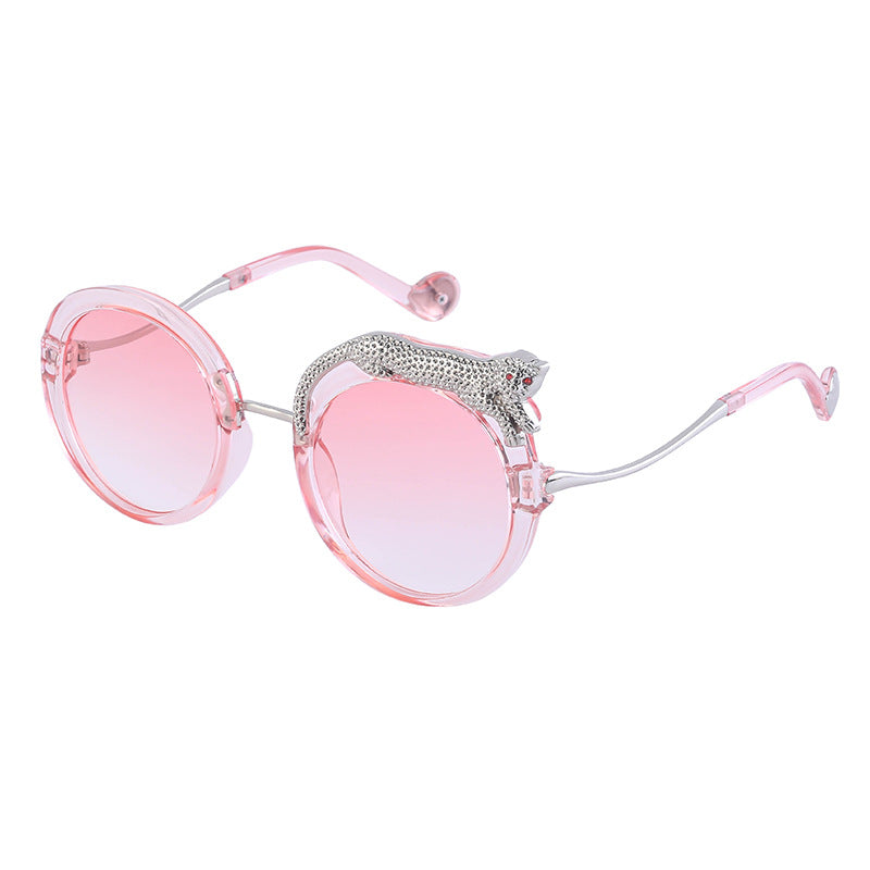 2025New Anti-Blue Light Glasses for Women Leopard Head Diamond-Studded European and American Round Frame Sunglasses Trendy Large Frame Sunglasses High-End Feel