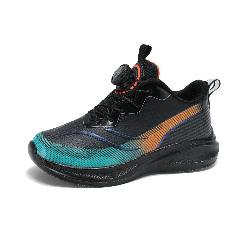 Red Rabbit Rotating Button Children's Shoes Leather Surface Waterproof Middle and Large Children Student Running Shoes Shock Absorption Lightweight Sports Shoes Comfortable